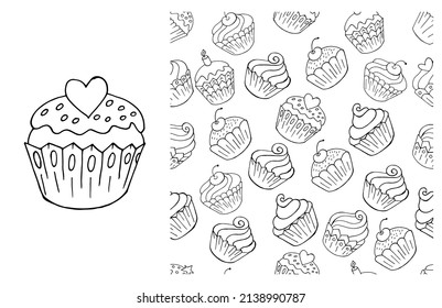 Coloring Cupcake. Set of element and seamless pattern