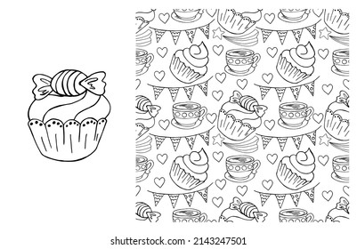 Coloring Cupcake. Set of element and seamless pattern