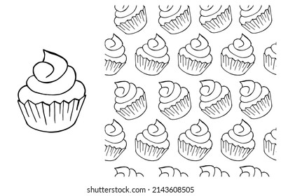 Coloring Cupcake. Set of element and seamless pattern
