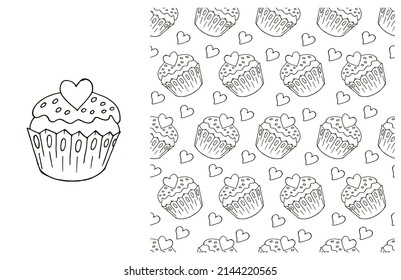 Coloring Cupcake. Set of element and seamless pattern