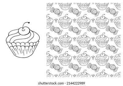 Coloring Cupcake. Set of element and seamless pattern