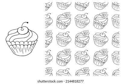 Coloring Cupcake. Set of element and seamless pattern