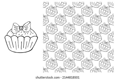 Coloring Cupcake. Set of element and seamless pattern