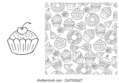 Coloring Cupcake. Set of element and seamless pattern