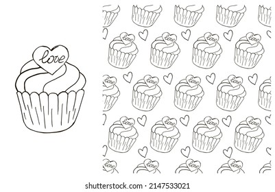 Coloring Cupcake. Set of element and seamless pattern