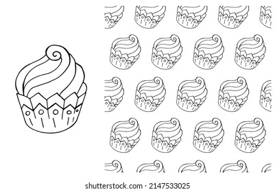 Coloring Cupcake. Set of element and seamless pattern