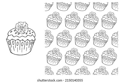 Coloring Cupcake. Set of element and seamless pattern