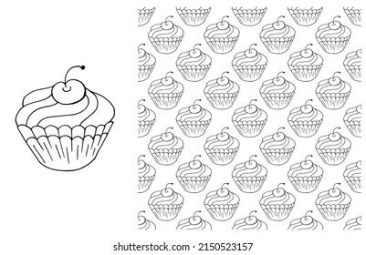 Coloring Cupcake. Set of element and seamless pattern