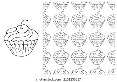 Coloring Cupcake. Set of element and seamless pattern