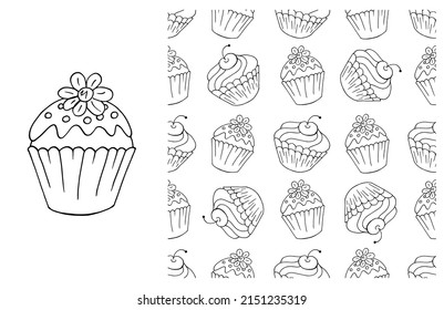 Coloring Cupcake. Set of element and seamless pattern