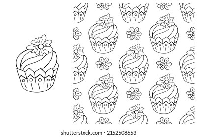 Coloring Cupcake. Set of element and seamless pattern