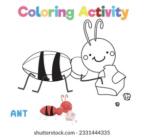 Colores de una linda hormiga comiendo azúcar. Una página de color del insecto. Actividades de coloración para niños en edad preescolar y preescolar. Hoja de trabajo de coloreado imprimible para educación. Archivo vector.