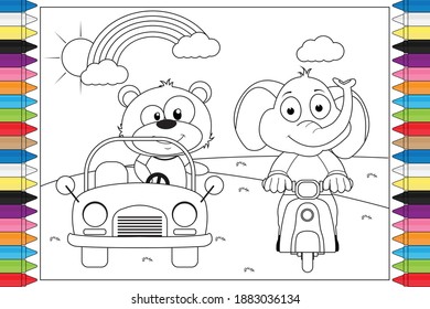 coloring cute bear and elephant animal cartoon for kids