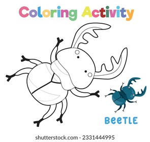 Coloring a cute beetle. A colouring page of the insect. Coloring activity for preschool and kindergarten children. Printable educational printable coloring worksheet. Vector file.