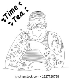 coloring with a cute brutal sailor. a sailor in tattoos drinks tea. tea time funny illustration. a man with a beard and mustache in a vest.