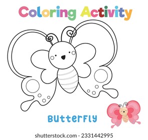 Coloring a cute butterfly. A colouring page of the insect. Coloring activity for preschool and kindergarten children. Printable educational printable coloring worksheet. Vector file.