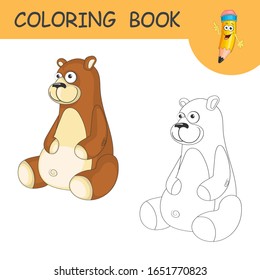 Coloring Cute Cartoon Bear. Coloring book or page cartoon of funny Grizzly for kids. Cute colorful wild animal as an example for coloring book. Practice worksheet for school and kindergarten. Vector