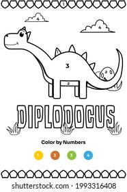 Coloring Cute cartoon dinosaur diplodocus by numbers, coloring page for preschool - dino coloring page - jurassic herbivora