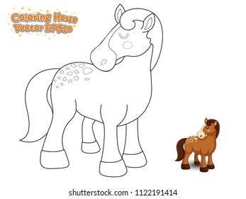 Coloring The Cute Cartoon Horse. Educational Game for Kids. Vector illustration