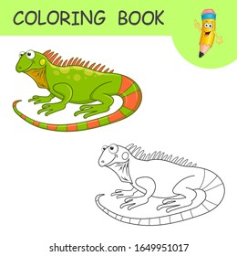 Coloring Cute Cartoon Iguana. Coloring book or page cartoon of funny Reptile for kids. Cute colorful fauna animal as an example for coloring book. Practice worksheet for school and kindergarten.
