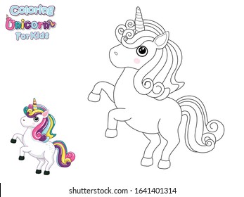 Coloring The Cute Cartoon Unicorn. Educational Game for Kids. Vector Illustration With Cartoon Animal Characters