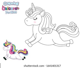 Coloring The Cute Cartoon Unicorn. Educational Game for Kids. Vector Illustration With Cartoon Animal Characters