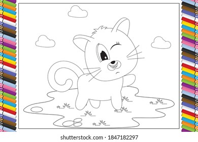 coloring cute cat animal cartoon for kids, simple vector illustration