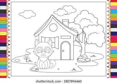 coloring cute cat animals with house background for kids, simple vector illustration