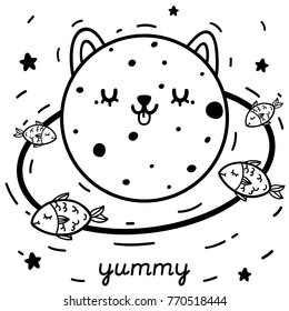 Coloring with cute cat planet and fishes, vector.