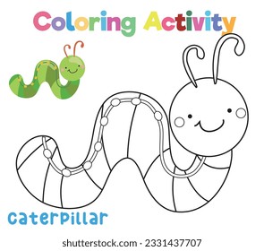 Coloring a cute caterpillar. A colouring page of the insect. Coloring activity for preschool and kindergarten children. Printable educational printable coloring worksheet. Vector file.