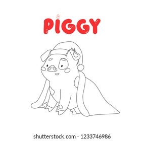 Coloring cute character piggy. Funny pig isolated on white background