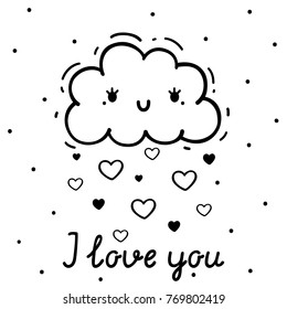 Coloring with cute cloud and hearts, happy Valentine's day, vector.