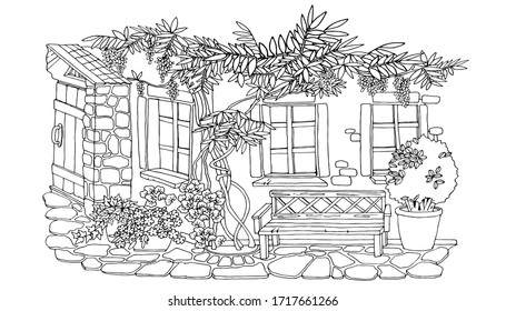 coloring, cute courtyard with a bench under the windows, wisteria bush, ivy, black and white, vector