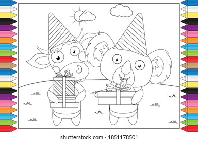 coloring cute cow and koala animal cartoon for kids, simple vector illustration