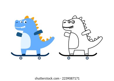 Coloring cute dino cartoon playing skateboard concept design illustration