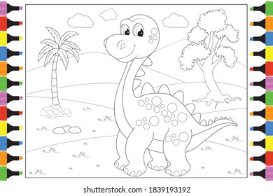 Coloring Cute Dinosaur For Kids, Simple Vector Illustration Design