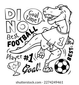 Coloring. Cute dinosaur plays soccer. Design for kids poster, T-shirt, prints, nursery closing, fabrics. Vector illustration. T-rex dinosaur. Football
