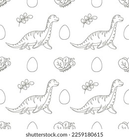 Coloring cute dinosaurs seamless pattern