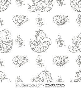 Coloring cute dinosaurs seamless pattern