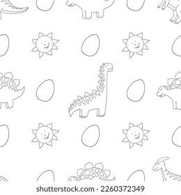 Coloring cute dinosaurs seamless pattern