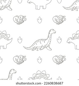 Coloring cute dinosaurs seamless pattern