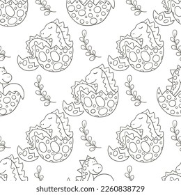 Coloring cute dinosaurs seamless pattern