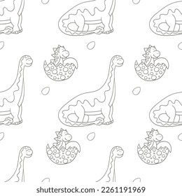 Coloring cute dinosaurs seamless pattern