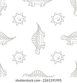 Coloring cute dinosaurs seamless pattern