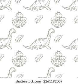 Coloring cute dinosaurs seamless pattern