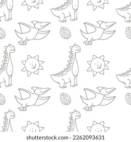 Coloring cute dinosaurs seamless pattern