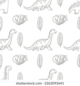 Coloring cute dinosaurs seamless pattern