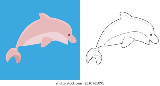 Coloring a cute dolphin the sea animal with the sample colour. Coloring activity for children. Printable educational printable coloring worksheet. Vector file.