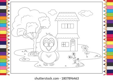 coloring cute duck animals with house background for kids, simple vector illustration
