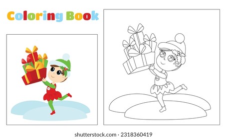 Coloring cute elf carries many gifts. The girl is dressed in a traditional costume and a cap. The child is happy. Coloring page for children of preschool and elementary school age.